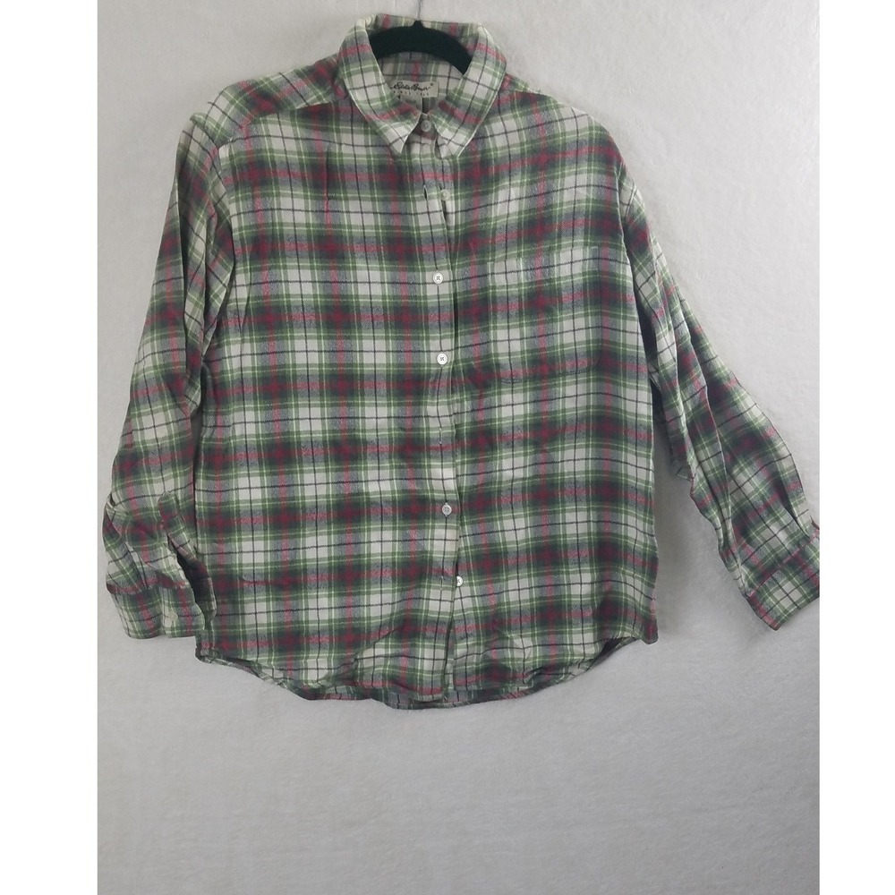 Plaid Flannel Shirt Eddie Bauer Women L Long Sleeve Button Down Green Red